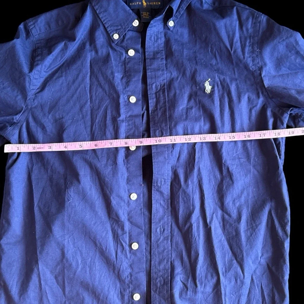 Ralph Lauren Button Down Shirt Kids L 14-16 Navy Blue Short Sleeve Cotton Preppy